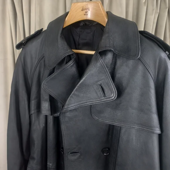 Vintage Black Genuine Leather Double Breasted Trench Coat - Picture 8 of 8